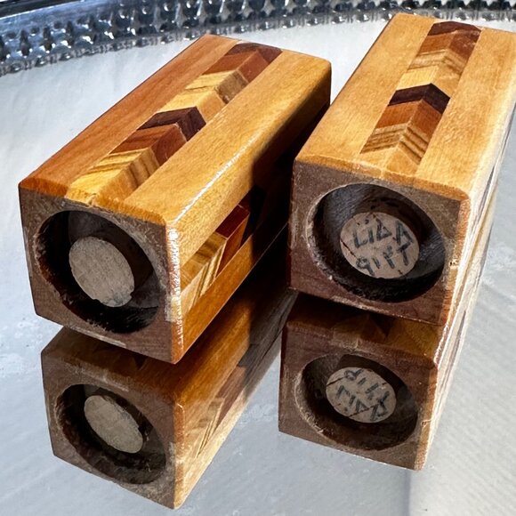 Salt Pepper Shakers, Inlaid Wood Veneer, Mid Century Cork Stoppers Rare, chevron - Picture 4 of 6
